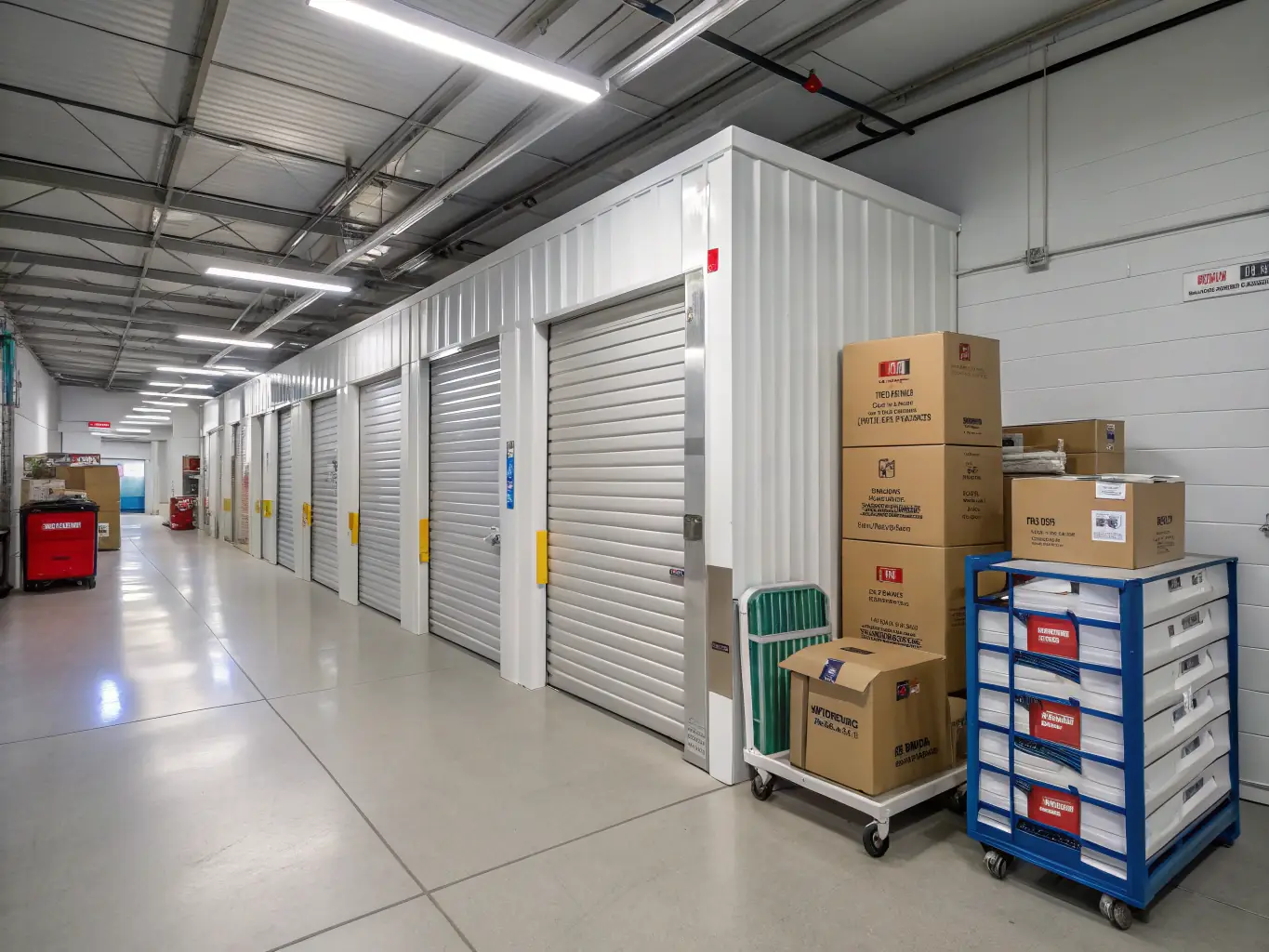 An image showcasing a modern, well-lit storage facility with secure access points and organized storage units, emphasizing security and cleanliness.