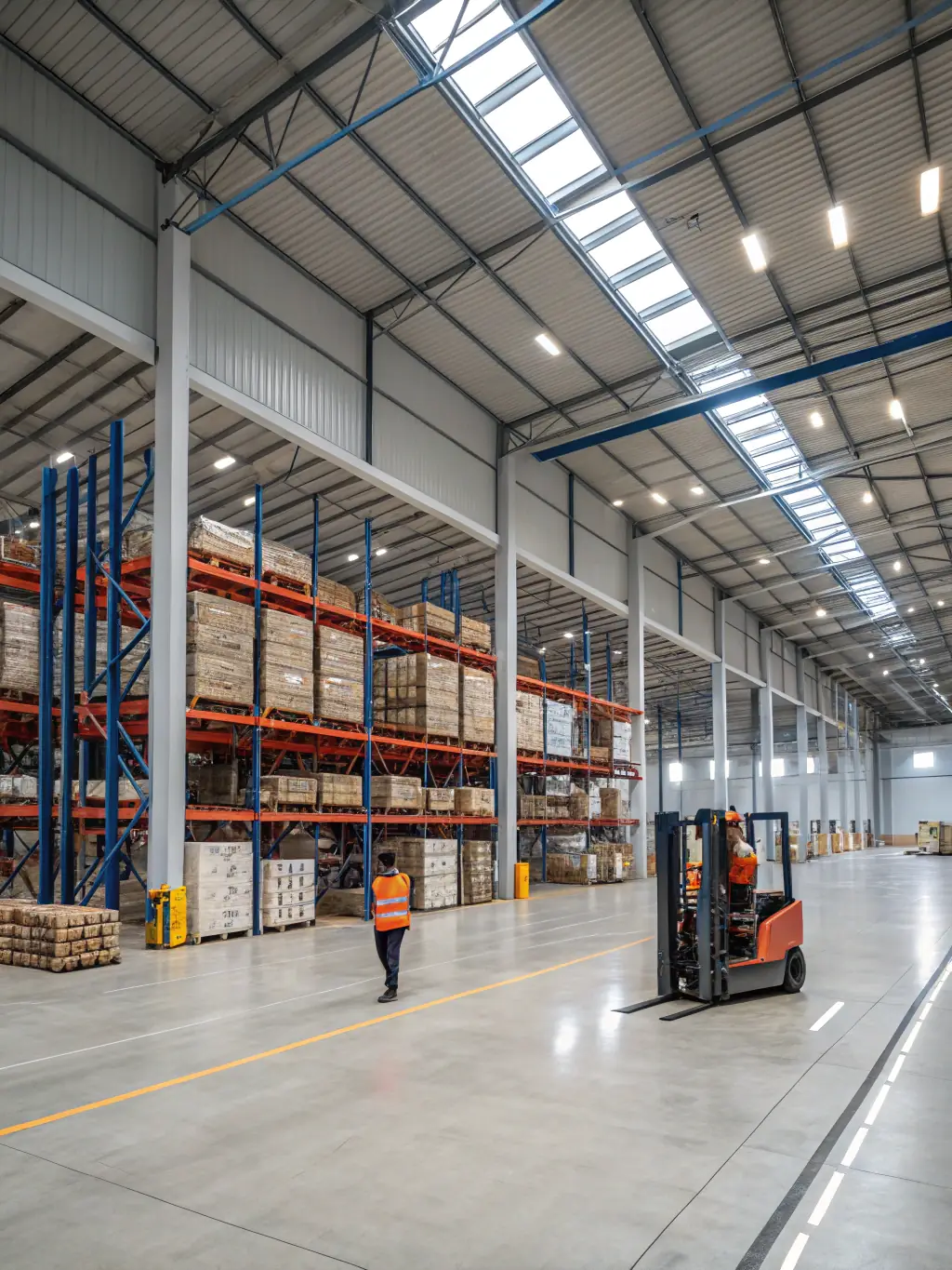 A wide shot of a modern, well-organized warehouse with forklifts moving pallets, illustrating the scale and efficiency of STORAGE SG PTE. LTD's warehousing operations.
